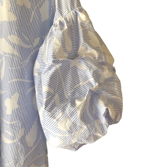 Nordstrom halogen blue white pin strip floral puff sleeve blouse coastal Grandma - Picture 10 of 12